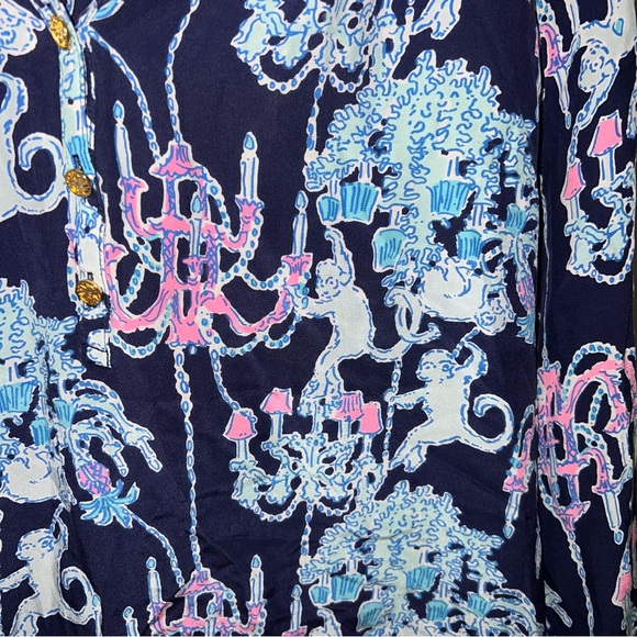Lilly Pulitzer BNWOT Elsa 100% Silk Top Bright Navy Pop up Monkey Trouble Small - Picture 3 of 12